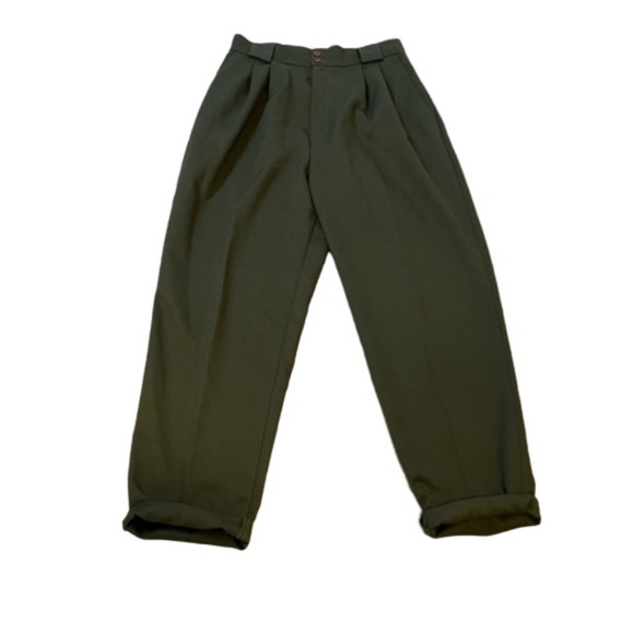 VINTAGE Olive Khaki Green Trousers Pleated Tapered Carrot Relaxed Fit Pants 8 10 - Picture 2 of 14